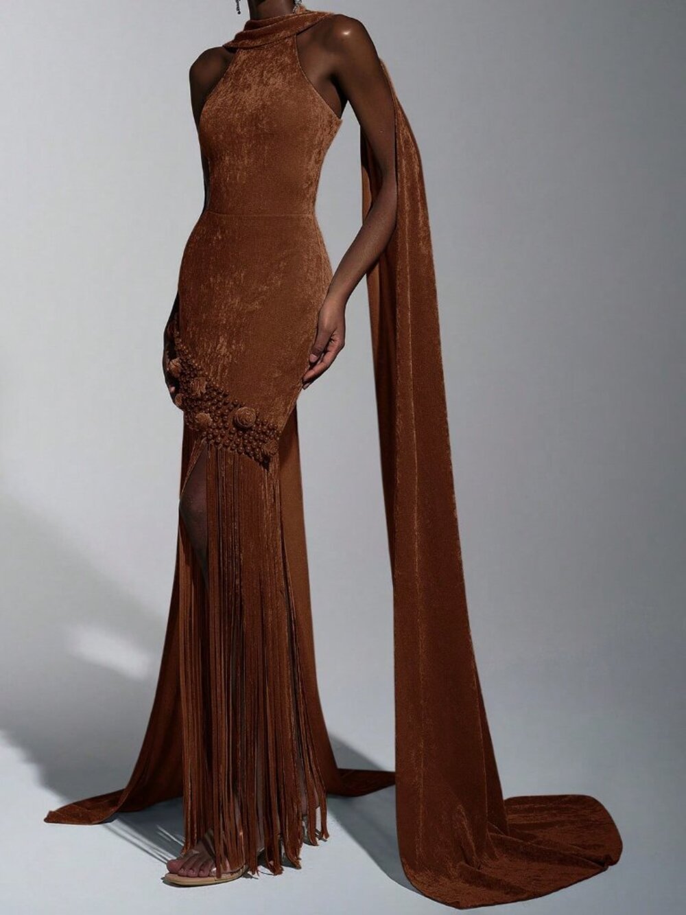 Brown Elegant Romantic Women's Velvet Tassel Sequin Party Dress - Picture 3 of 8